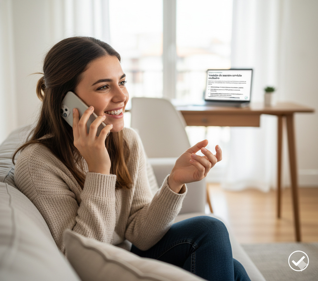 Cliente satisfecho hablando por teléfono en su nuevo hogar
