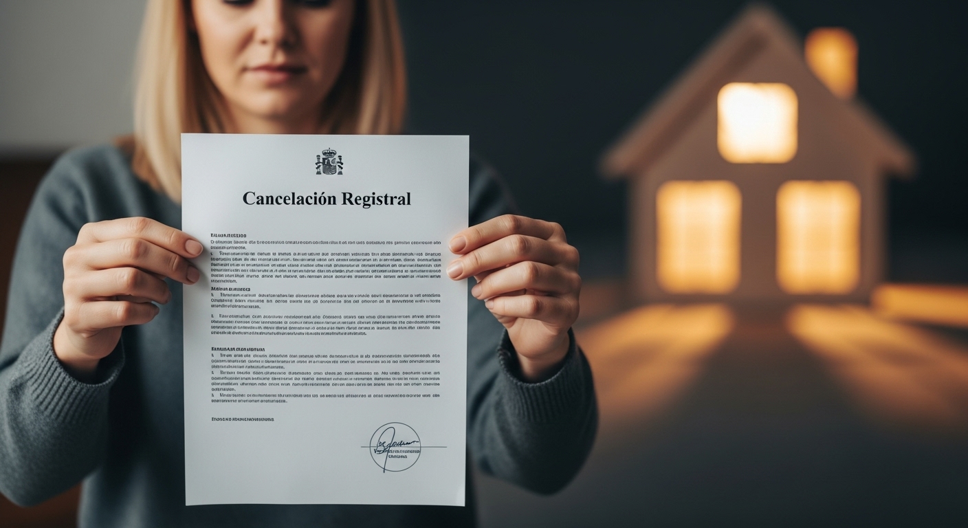 Mujer satisfecha con documentos tras cancelación de hipoteca registral y económica. Deuda saldada y propiedad libre.