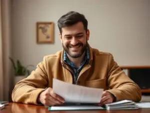 Hombre sonriendo mirando hoja