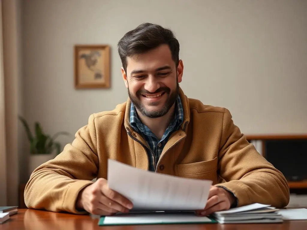 Hombre sonriendo mirando hoja