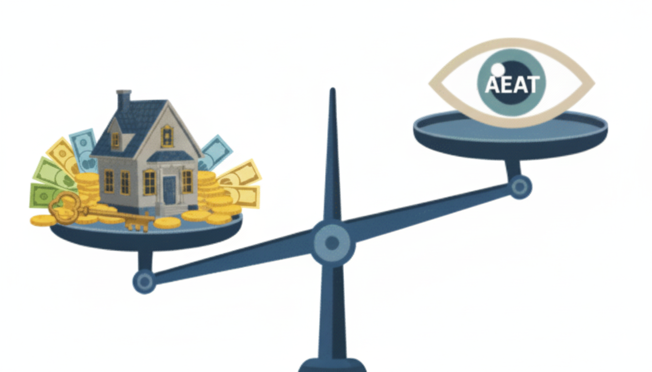 Balanza con vivienda y dinero a un lado y ojo a otro