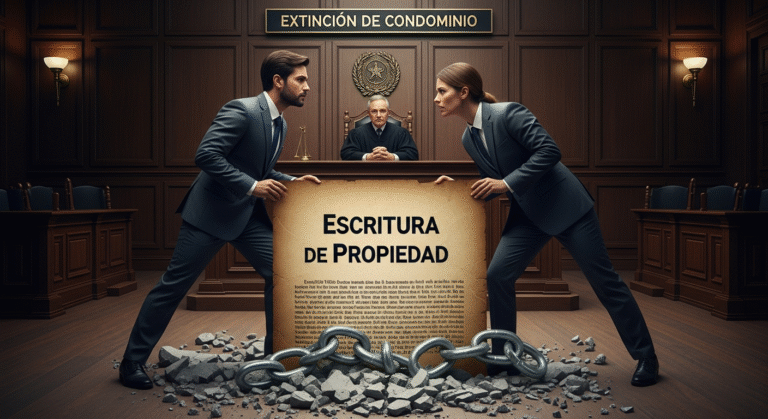 Una escena cinematográfica y dramática dentro de una sala de juicios. En el centro, un hombre y una mujer, ambos con trajes de negocios oscuros, tienen un forcejeo tirando de los extremos opuestos de un gran pergamino que dice "ESCRITURA DE PROPIEDAD". Detrás de ellos, un juez con su toga observa la disputa desde un estrado elevado. El suelo de mármol entre el hombre y la mujer está agrietado y roto, con una cadena rota sobre las grietas, simbolizando el conflicto y la ruptura. En la parte superior de la imagen, un texto superpuesto en una barra oscura dice "EXTINCIÓN DE CONDOMINIO" en letras mayúsculas, blancas y llamativas.
