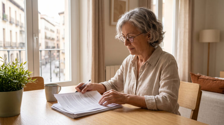 Mujer mayor revisando documentos de la venta de un piso en la mesa de su casa