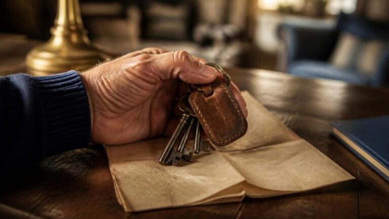 Mano con unas llaves antiguas sobre una vieja escritura de propiedad