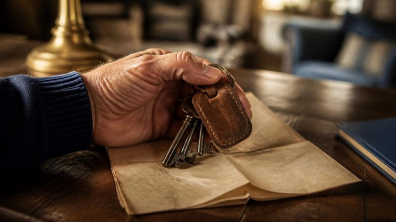 Mano con unas llaves antiguas sobre una vieja escritura de propiedad