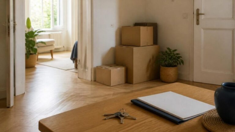 Piso a medio vaciar con cajas de mudanza y unas llaves sobre la mesa junto a una carpeta de documentos