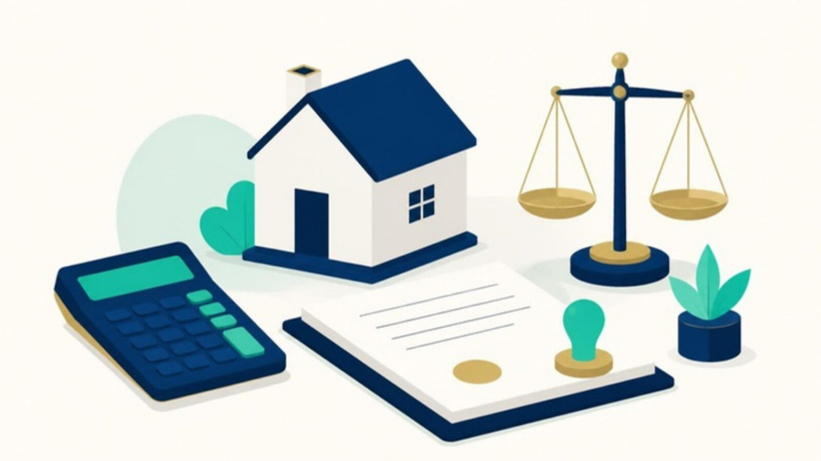 Casa junto a una calculadora, un documento sellado y una balanza: impuestos al quedarse la casa en un divorcio