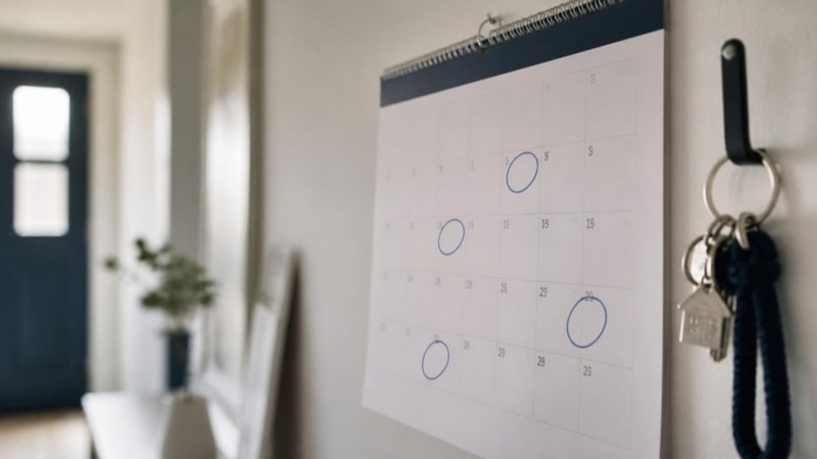 Calendario de pared con varias fechas marcadas junto a las llaves de casa en la entrada de un piso