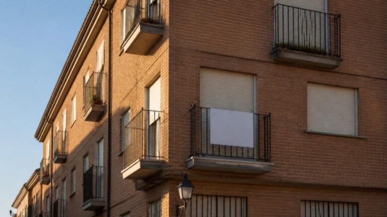 Bloque de pisos de ladrillo en Albacete con un cartel de venta colgado en un balcón
